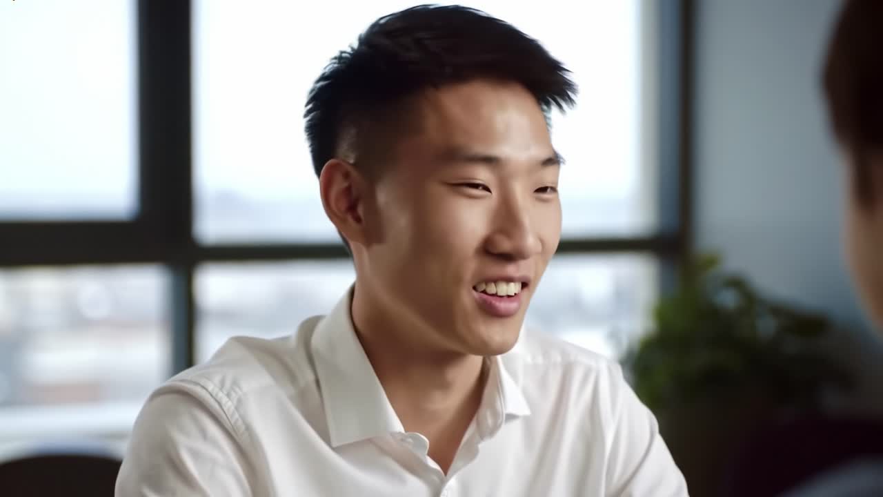 Two colleagues engage in a friendly discussion in a contemporary office. Sunlight pours through large windows, highlighting a productive atmosphere.