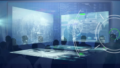 animation of financial data processing over group of business people in office