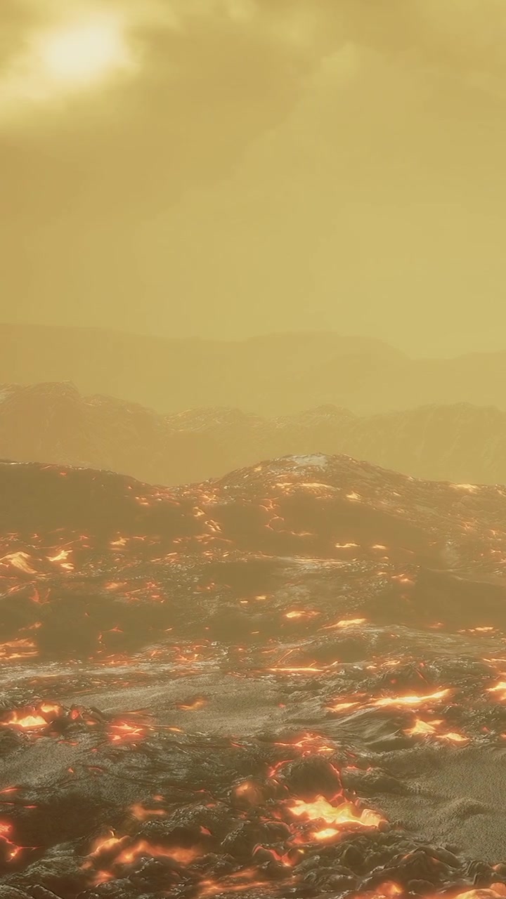 Molten lava flows under bright yellow sky in volcanic landscape