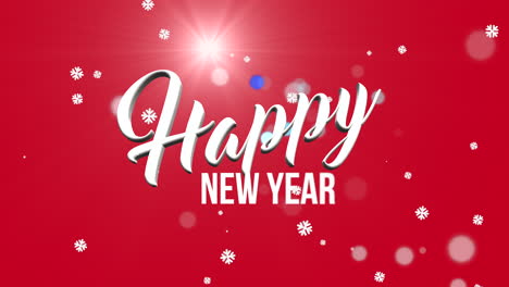 happy new year text with flying snow on red gradient