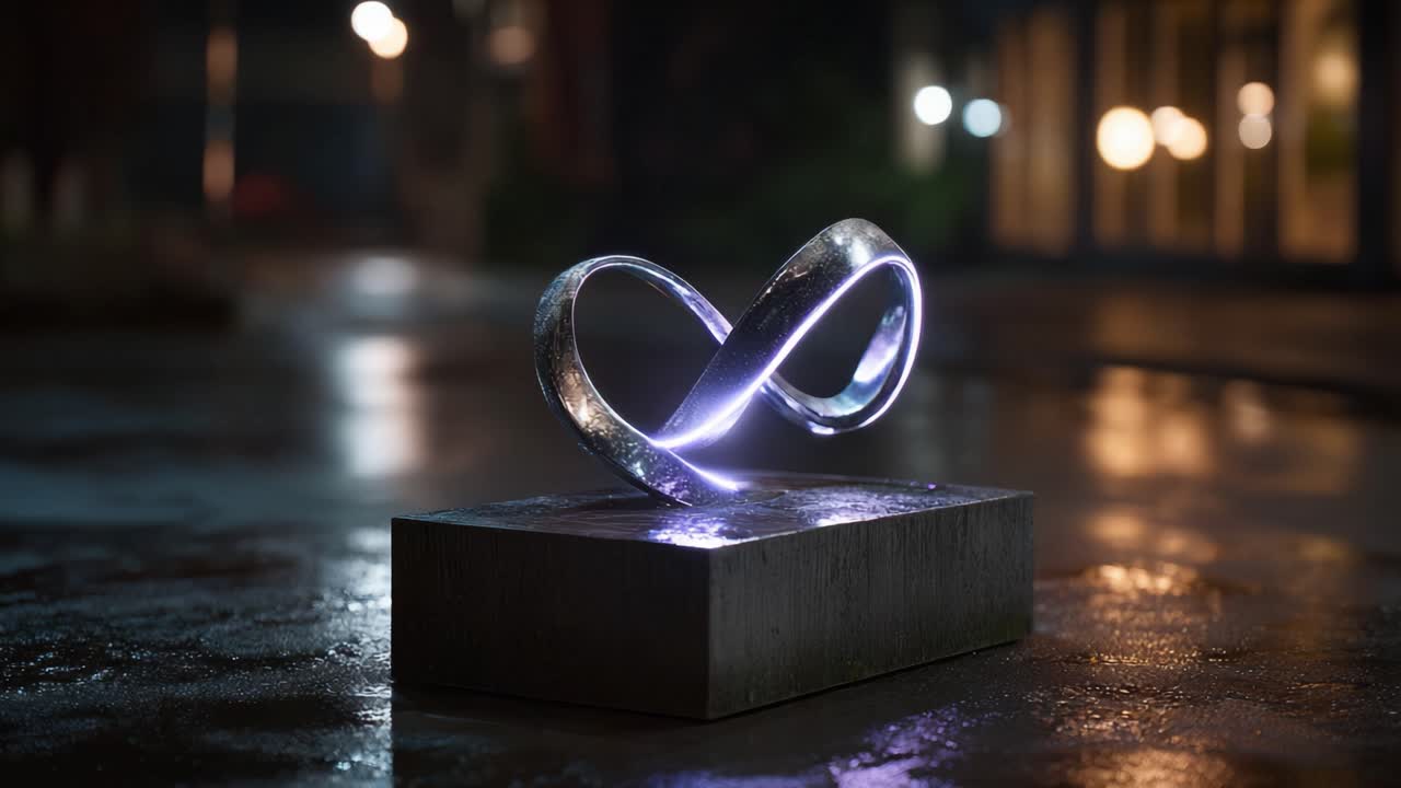 A Stunning Infinity Symbol Sculpture Illuminated by Soft Light, Showcasing Modern Design and Artistic Creativity in an Urban Setting at Night