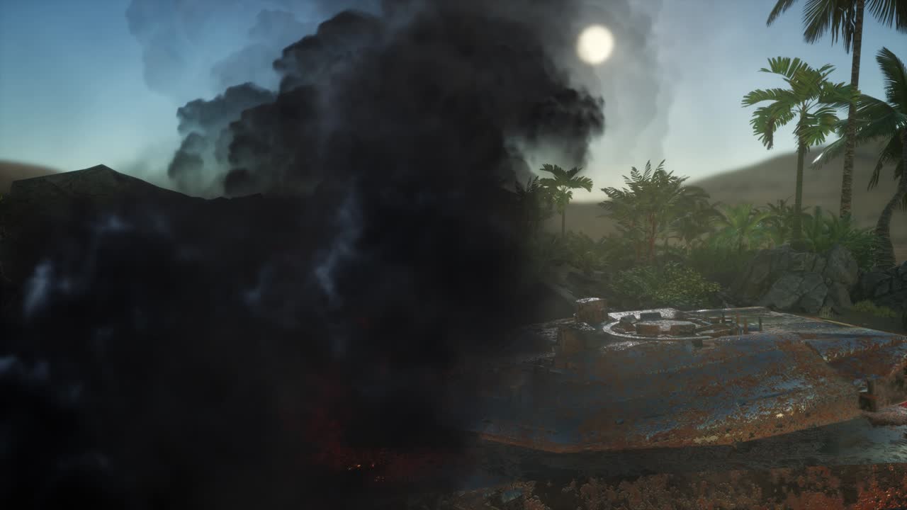 tanque quemado en el desierto al atardecer