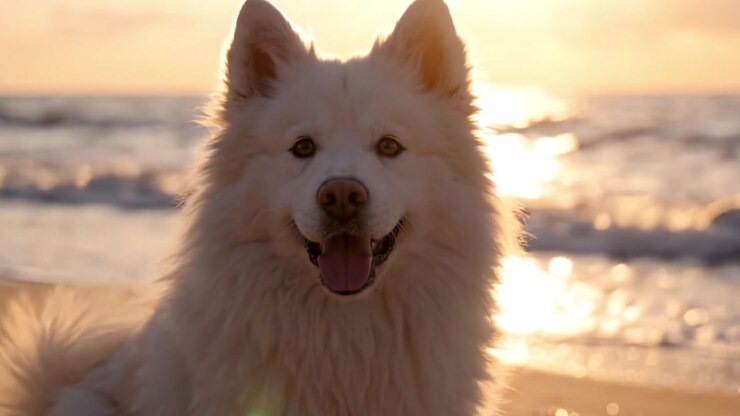 Un bellissimo cane Samoiedo che si gode un tramonto sereno in riva all'oceano, catturando l'essenza del relax e della bellezza naturale in un tranquillo ambiente da spiaggia