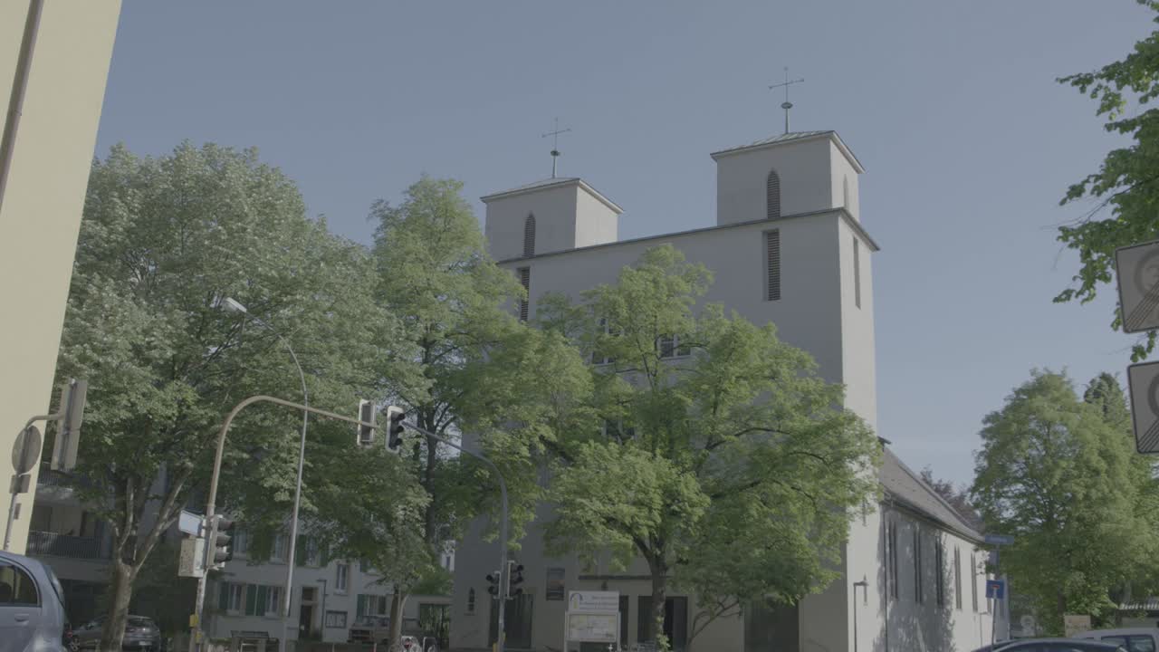 Exterior view of the church of St. Konrad and Elisabeth in Freiburg, Germany on a sunny day
