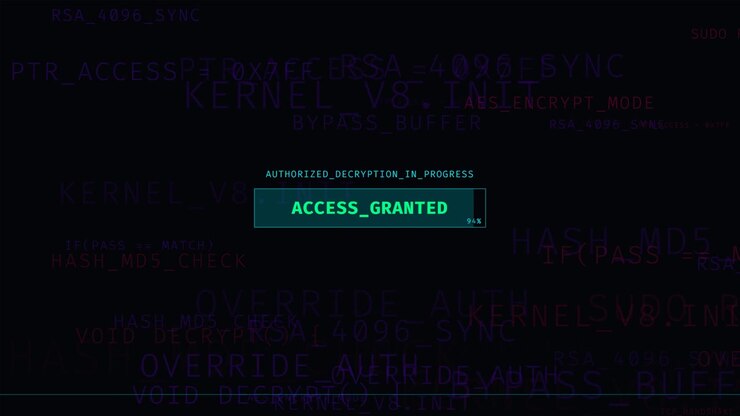 Digital Interface Showing Authorized Decryption Progress and Access Granted