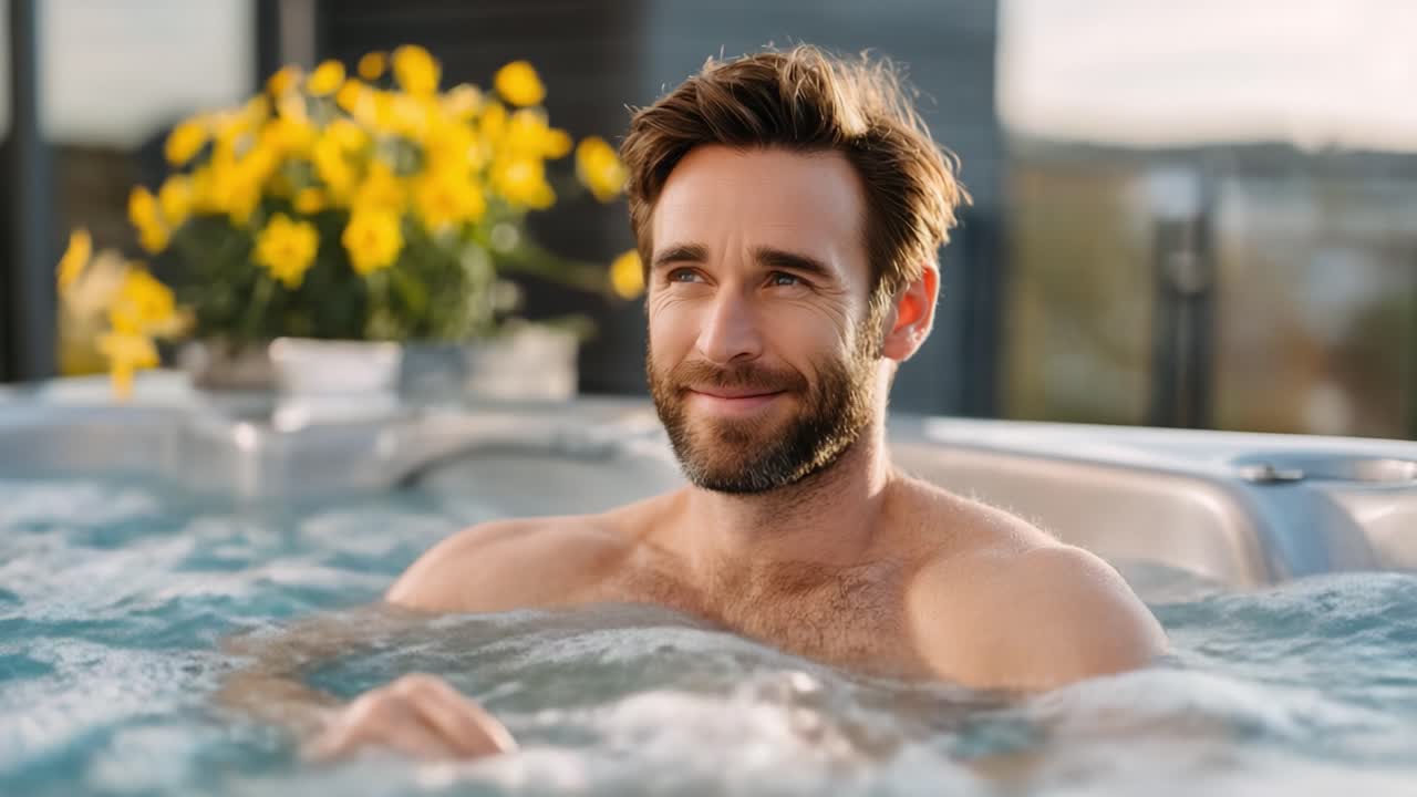 Rilassarsi in una Vasca Idromassaggio: Un Uomo Appagato si Gode un Momento di Pace Circondato da Acqua Gorgogliante e Bellissimi Fiori Gialli in un Ambiente Sereno