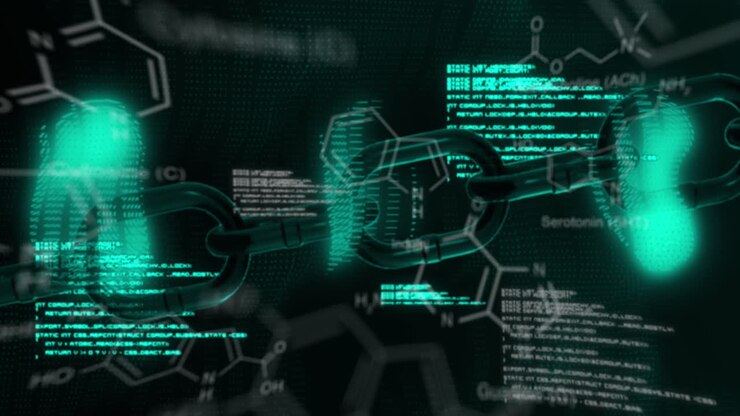 Animation of chemical formula and data processing over black background