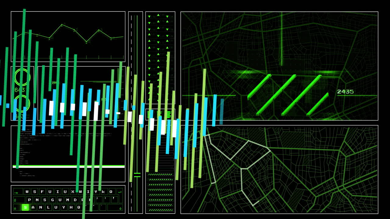 Animation of interface with data processing against black background