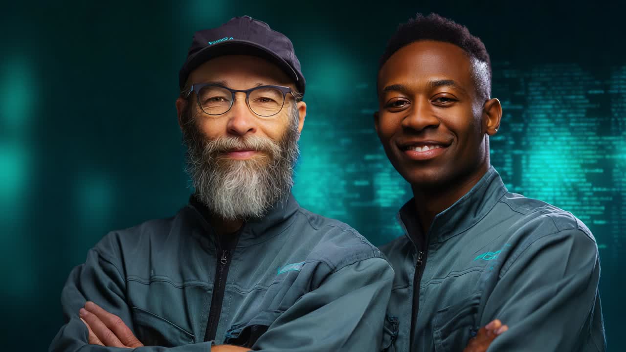 A Dynamic Duo: Two Professionals Posing Together Against a Futuristic Background, Showcasing Collaboration and Teamwork in a Modern Setting, Radiating Confidence and Expertise in Their Field