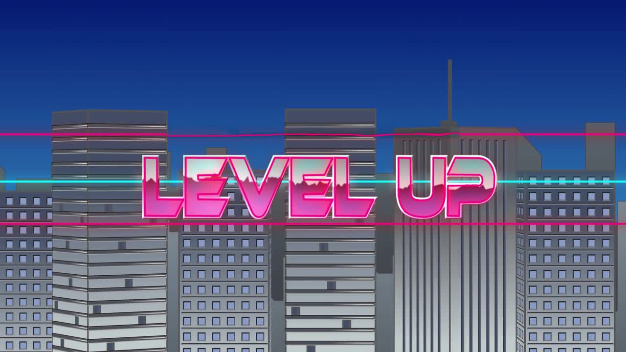 Häiriömuodot pyörteilevät tyylitellyn horisontin yllä, muodostaen LEVEL UP -tekstin sykkivien neonviivojen takana.