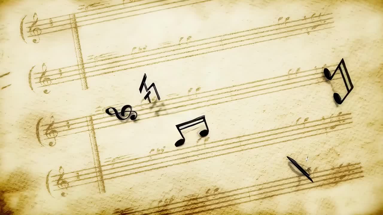 Top-down video view of vintage sheet music with scattered notes, creating a nostalgic feel