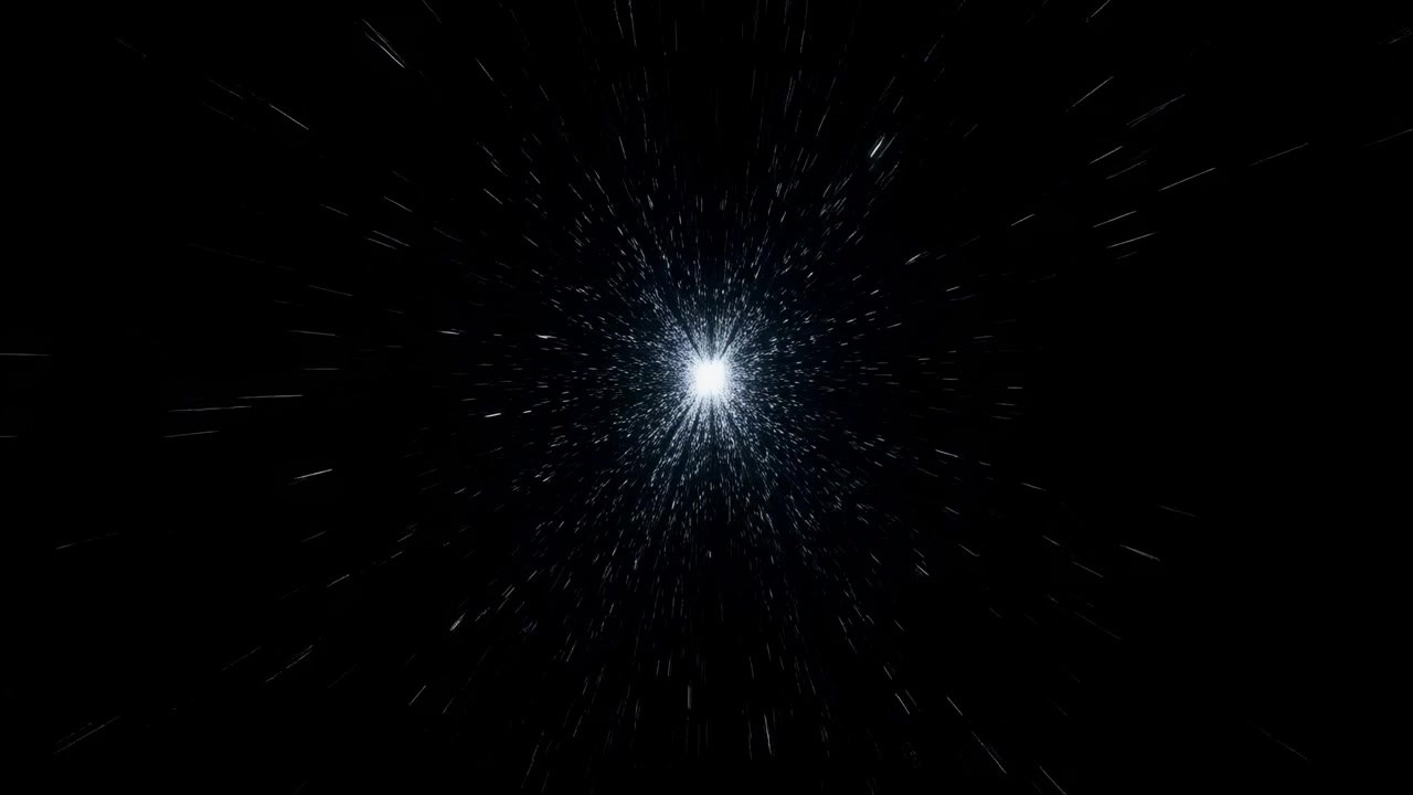 黒い虚空を貫く明るい中心光、放射状に広がる粒子と光条、急速な外向きの動きが生み出す