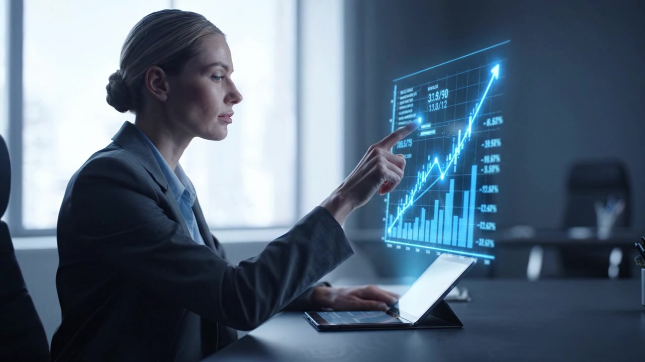 A focused professional woman analyzing data trends on a tablet, illuminated by a digital graph showcasing steady growth in a contemporary office environment.