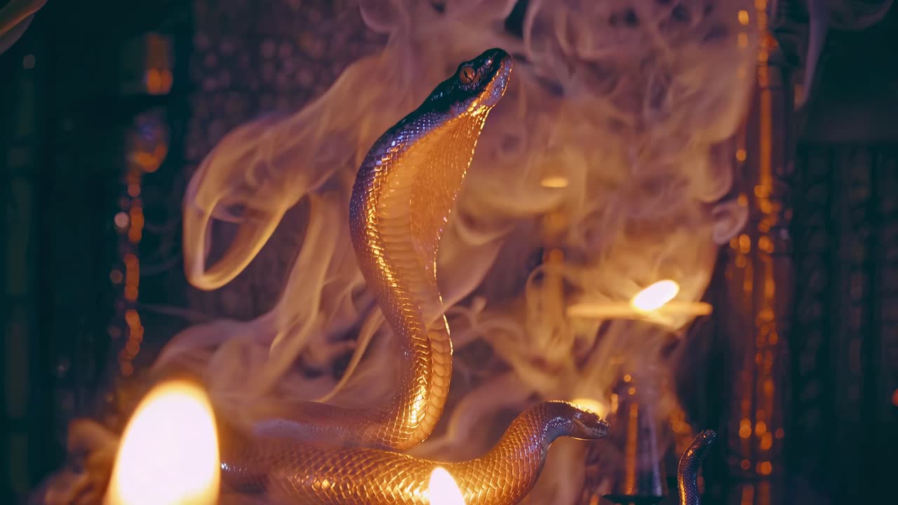 serpiente y velas en un ambiente de humo