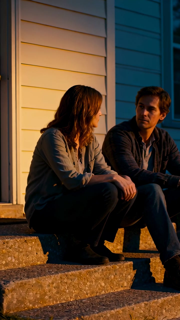 Vertical video: Couple sitting on steps, woman leaning, sparking quiet talk, film sunset lighting
