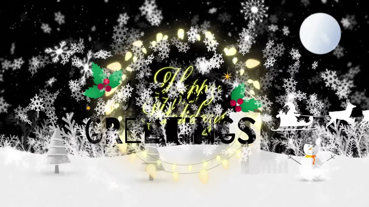 Animation of christmas season's greetings text and snow falling over winter scenery