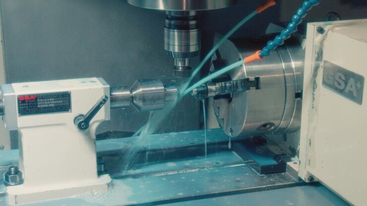 Vista ravvicinata di un tornio in funzione in una fabbrica metalmeccanica
