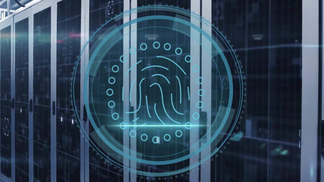 animación de texto de ciberseguridad y escáner biométrico de huellas dactilares sobre la sala de servidores