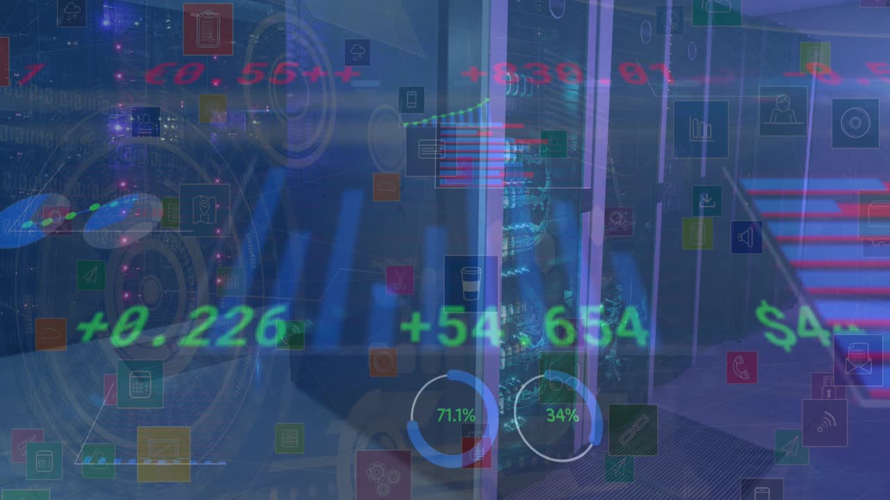 animazione dell'elaborazione dei dati finanziari e delle statistiche su server informatici