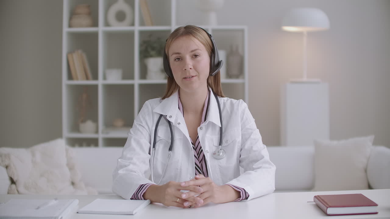 young female doctor is consulting online looking at camera and talking to headphones with microphone physician is working remotely