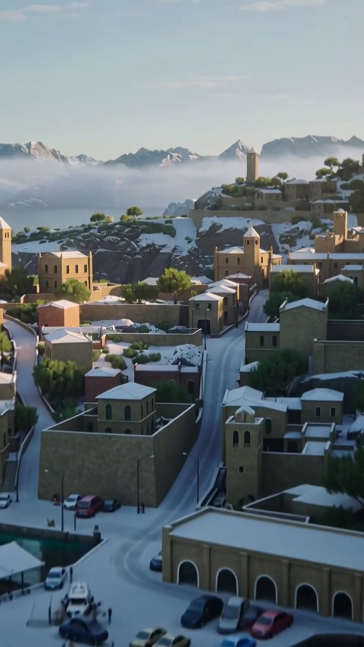 Vertical video: Panning camera revealing snow-dusted coastal town on steep quay, showing tower