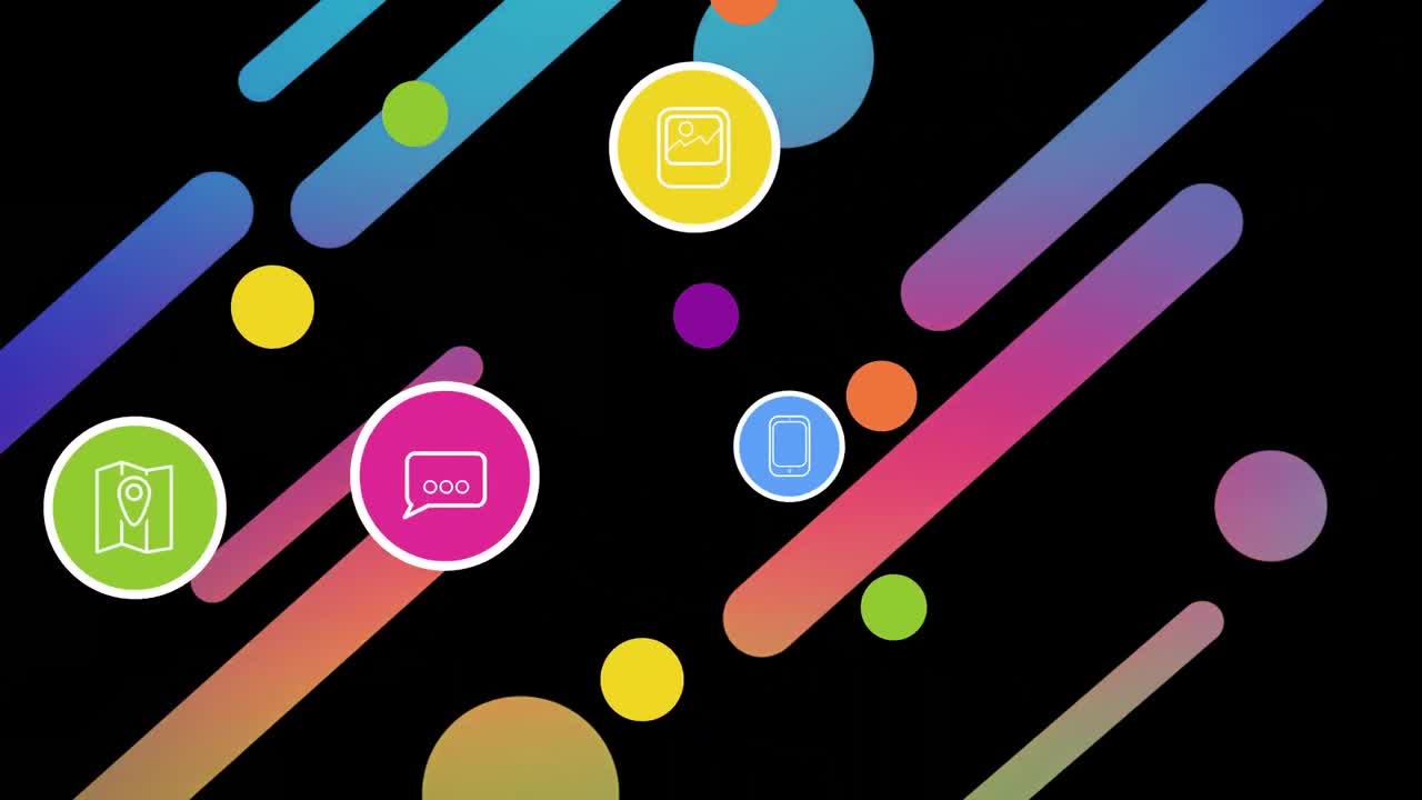 animación de la red de conexiones con iconos en fondo negro