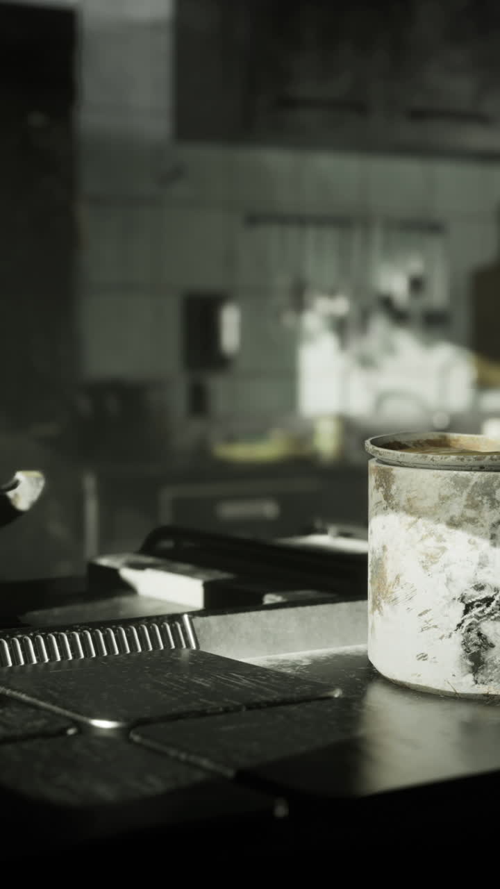Abandoned kitchen with dirty pots and an eerie atmosphere in dim lighting
