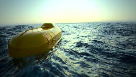 botes salvavidas de emergencia que flotan en el mar agitado. utilizados para la evacuación de barcos que se hunden. equipo de rescate para accidentes marinos inesperados de barcos o cruceros. garantía de seguridad de cruce. cielo al atardecer.