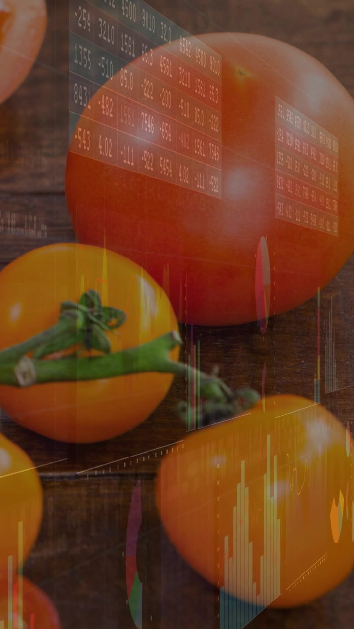 Video verticale: Grappolo di pomodori immobile, mentre un'overlay di dati si sposta sulla riproduzione, mostrando le tendenze di mercato.