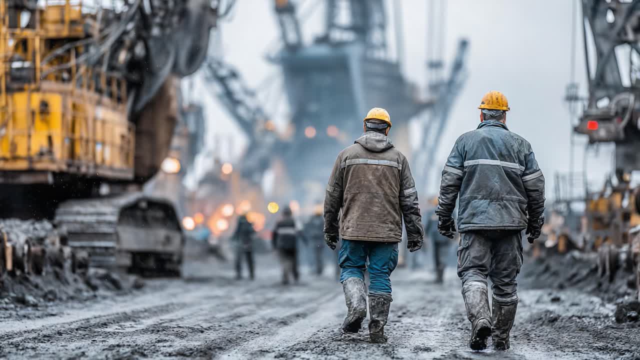 Two workers in safety gear navigate through a busy construction site ...