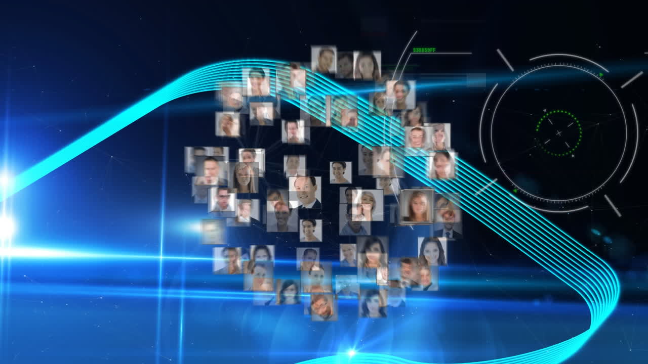 scope-scan über den globus von profil-icons gegen lichtspuren und lichtpunkte auf blauem hintergrund