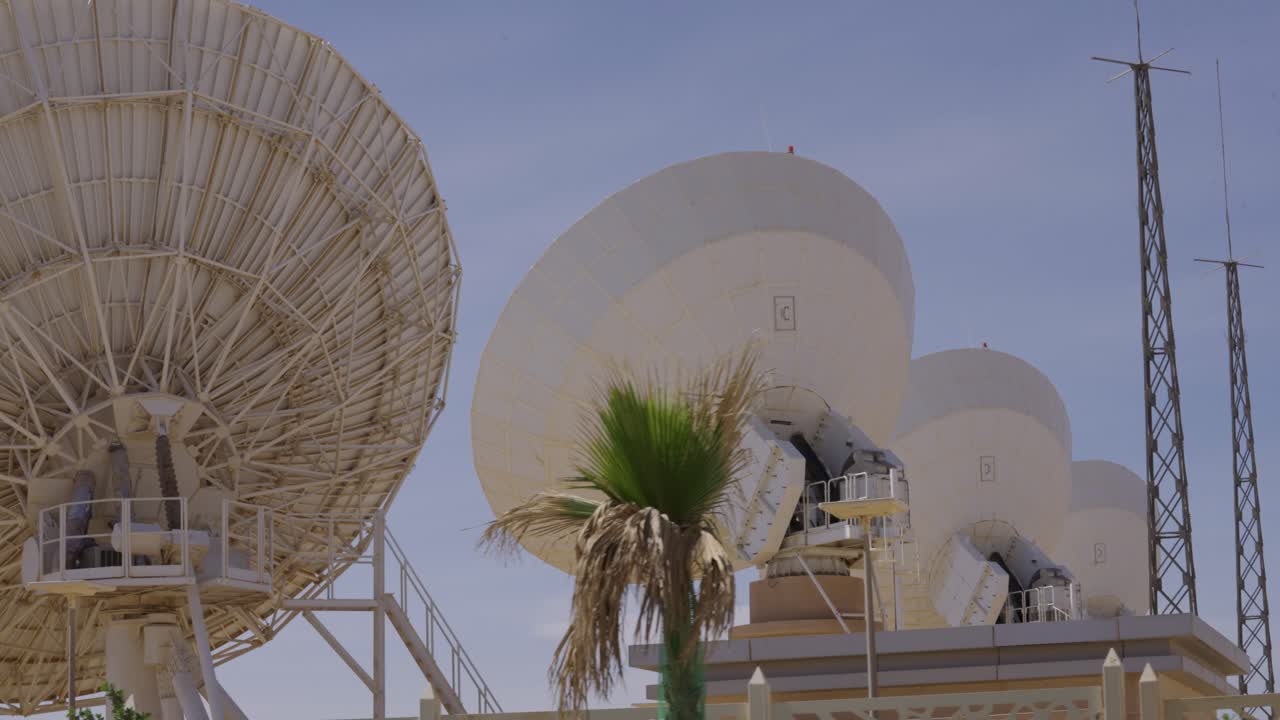 A telecommunications ground station operates under a clear sky in a desert climate. A palm tree in the foreground adds a sense of place to the high-tech scene