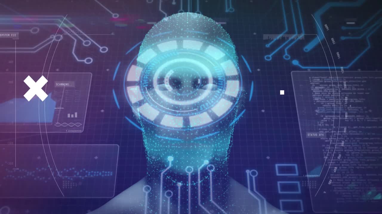 animación de la cabeza humana y procesamiento de datos científicos sobre un fondo azul.