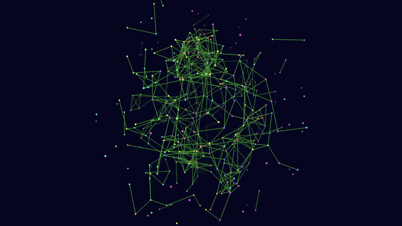 Complex 3d network of interconnected lines and dots against a dark background