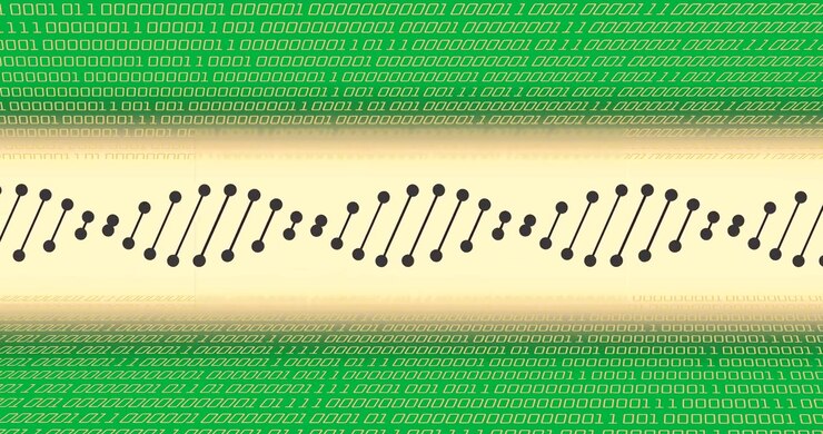 Animation eines DNA-Strangs mit Datenverarbeitung auf transparentem Hintergrund.