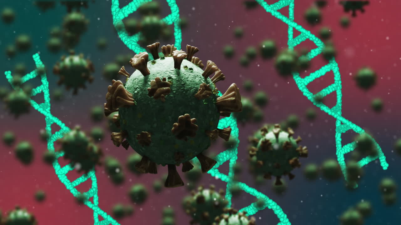 adn y bacterias de coronavirus volando sobre el fondo de gradiente.