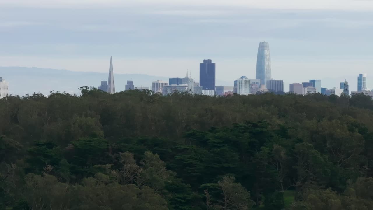 드론 텔레포토 은 상승하고 샌프란시스코 스카이라인을 드러니다.