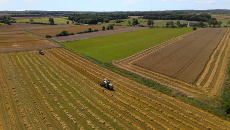 tractor harvesting agricultural food crop from rural farmland fields on summer day