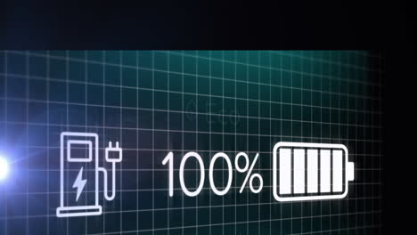 Animation-Von-Wechselnden-Zahlen,-Batteriesymbolen,-Pumpensymbol-über-Gittermuster-Auf-Schwarzem-Hintergrund