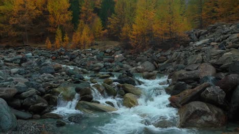 Feevispa-river-Saas-Fee-Swizerland-glacier-glacial-yellow-autumn-Larch-forest-snowmelt-aerial-drone-moody-rainy-fog-mist-cloudy-grey-peaceful-Swiss-Alpine-Alps-valley-mountain-downstream-pan-up-reveal