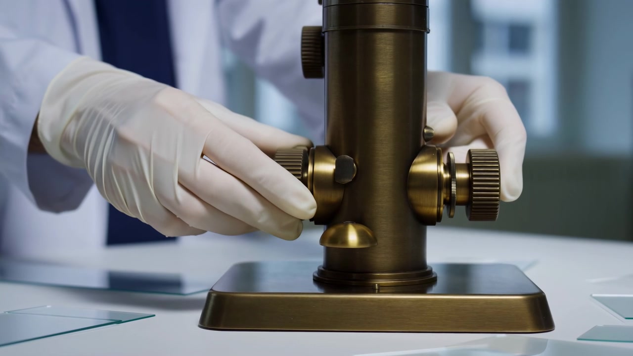 Mani guantate girano le manopole di messa a fuoco grossolana e posizionamento sul pilastro di un microscopio in ottone spazzolato, rivelando un'attenta regolazione dello strumento durante il lavoro di microscopia clinica in un ambiente di ricerca sterile
