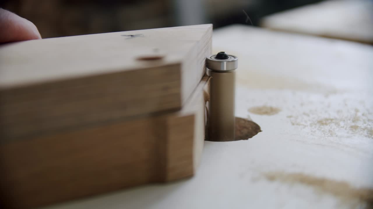de cerca. el maestro procesa la madera en la máquina en el taller de carpintería de un pequeño fabricante de muebles. cámara lenta v2
