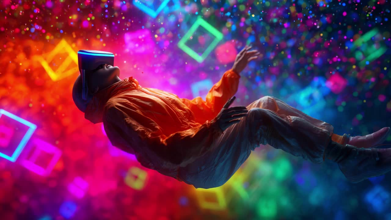 Una coinvolgente avventura visiva si rivela quando una figura con un visore per la realtà virtuale fluttua in mezzo a una vivace esplosione di colori e forme geometriche, completamente immersa in una straordinaria esperienza digitale