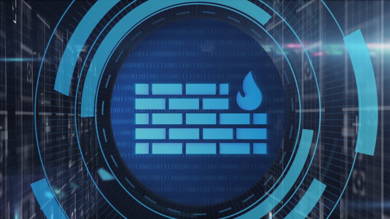 디지털 공간에서 불빛 위의 원에 있는 방화벽의 애니메이션.