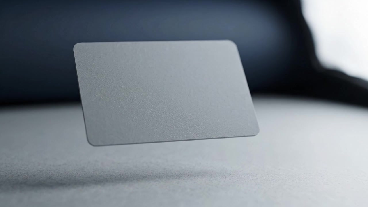 Un approccio minimalista alla fotografia di oggetti fluttuanti, con una carta elegante e riflettente su una superficie morbida, che evidenzia il gioco di luci e ombre