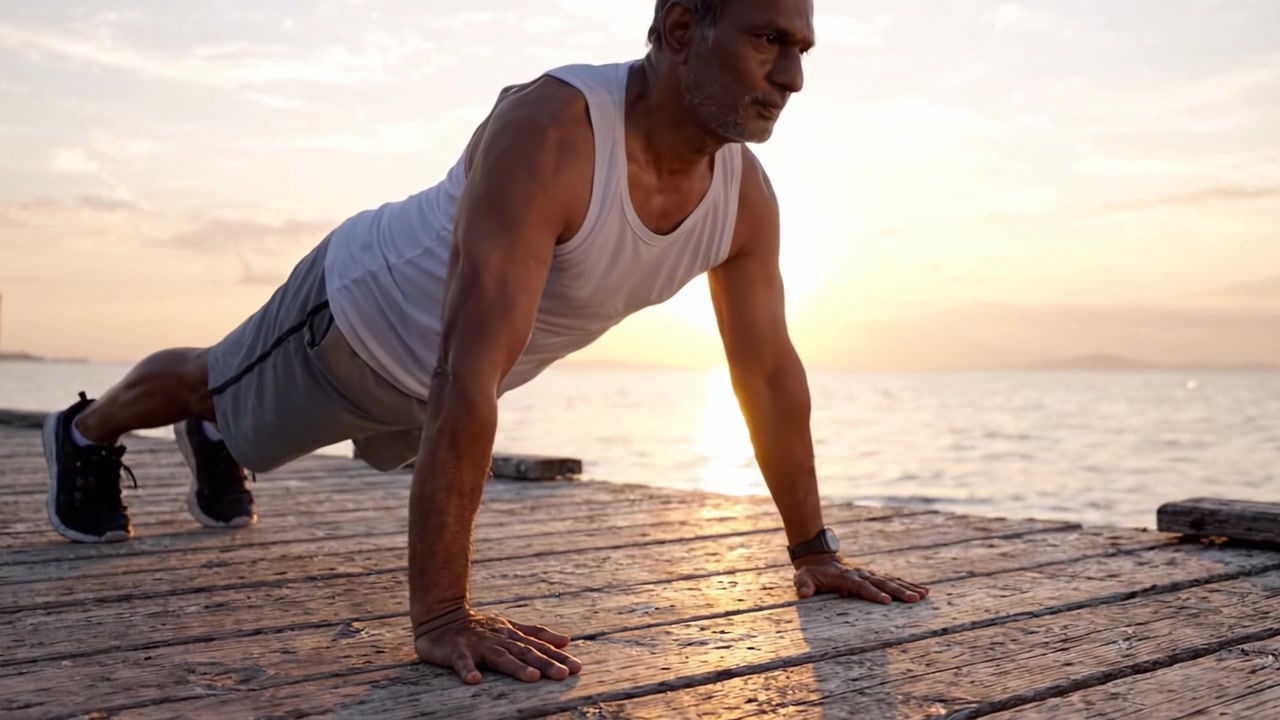 Elderly Man Performing Push-Up Exercises at Sunset Over a Serene Lake, Showcasing Strength, Determination, and the Beauty of Outdoor Fitness