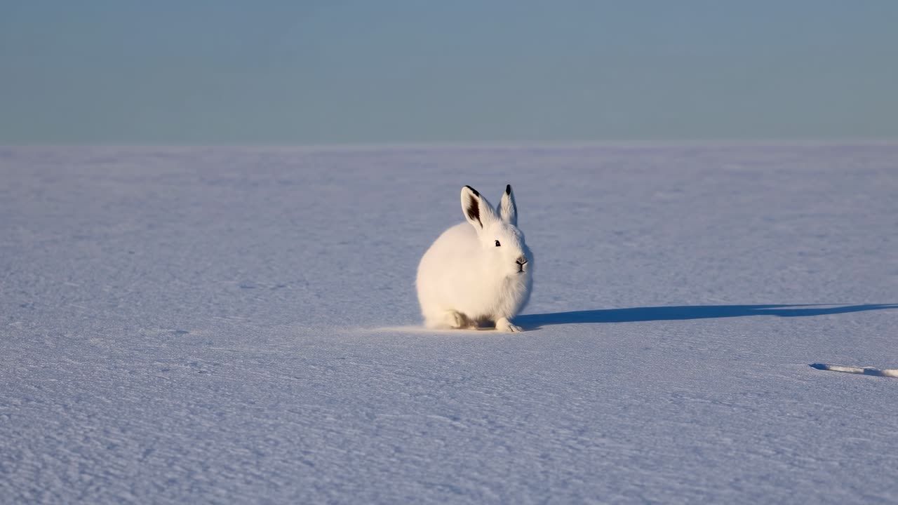 A serene video still of a snow hare in a vast snowy landscape