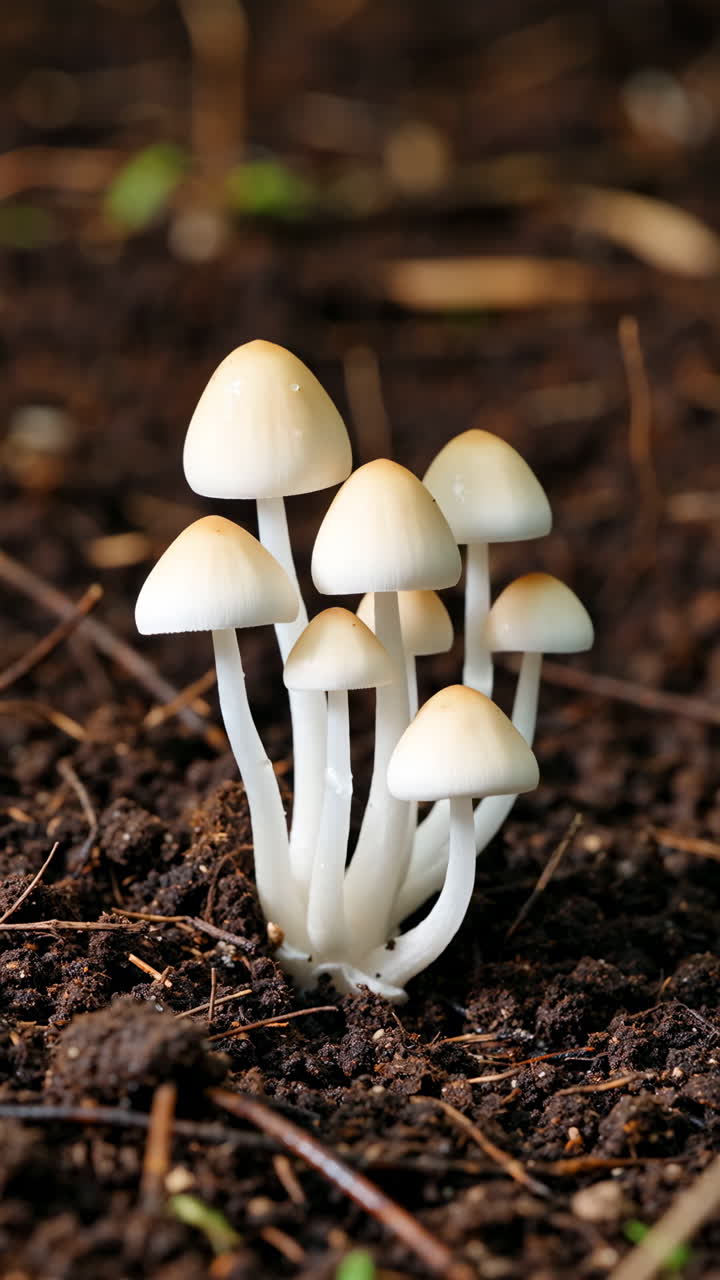 A cluster of small white mushrooms growing in dark soil