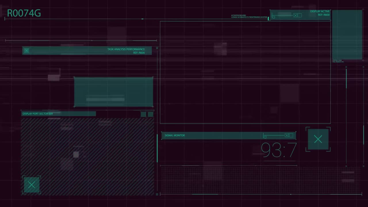 animación de una interfaz abstracta sobre barras que caen contra un fondo negro.