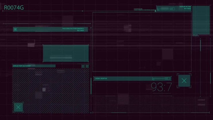 Animation of abstract interface over falling bars against black background